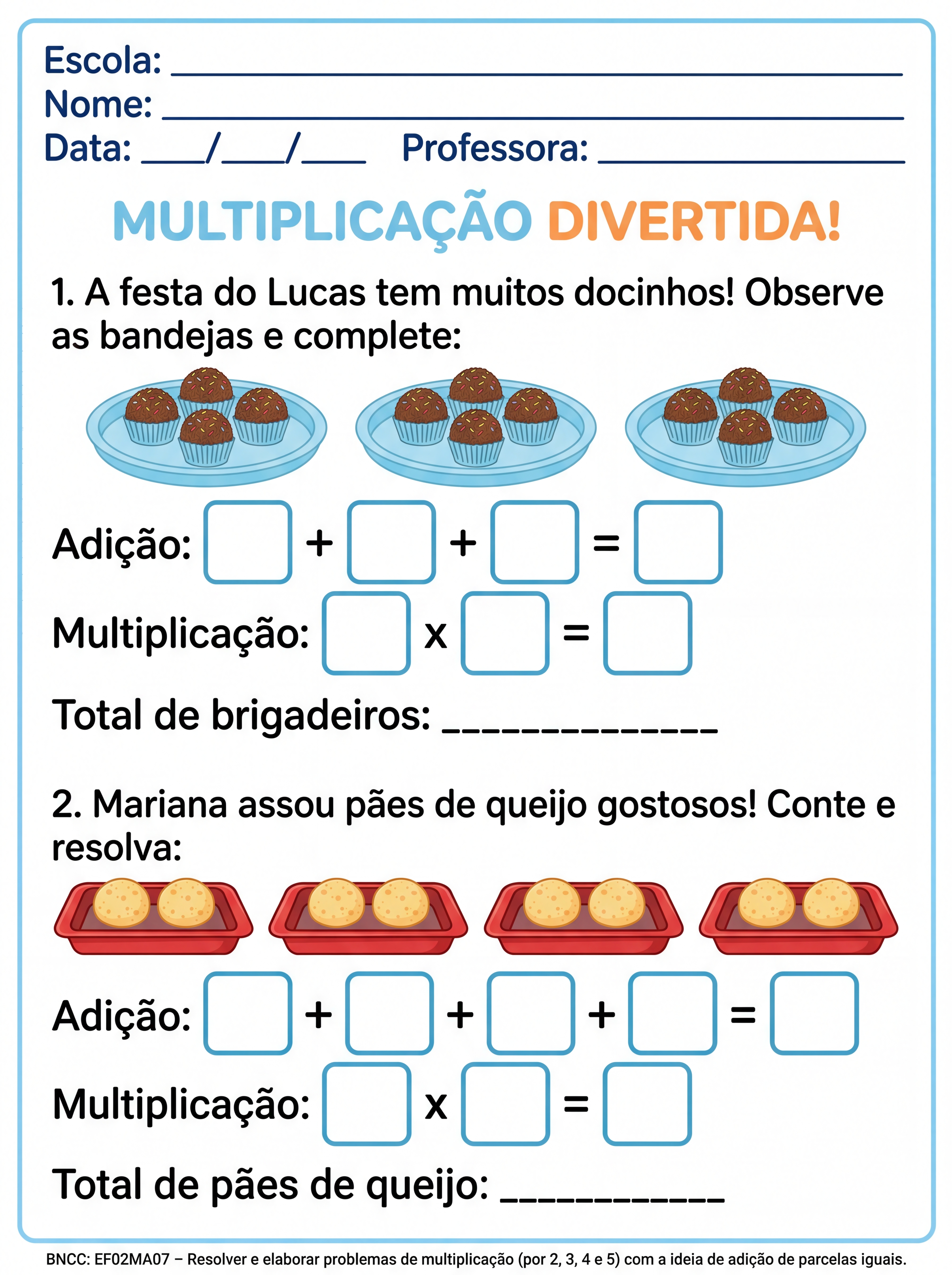 Atividade: Atividade de multiplicação para alunos com tdah. Espaços amplos para respostas
