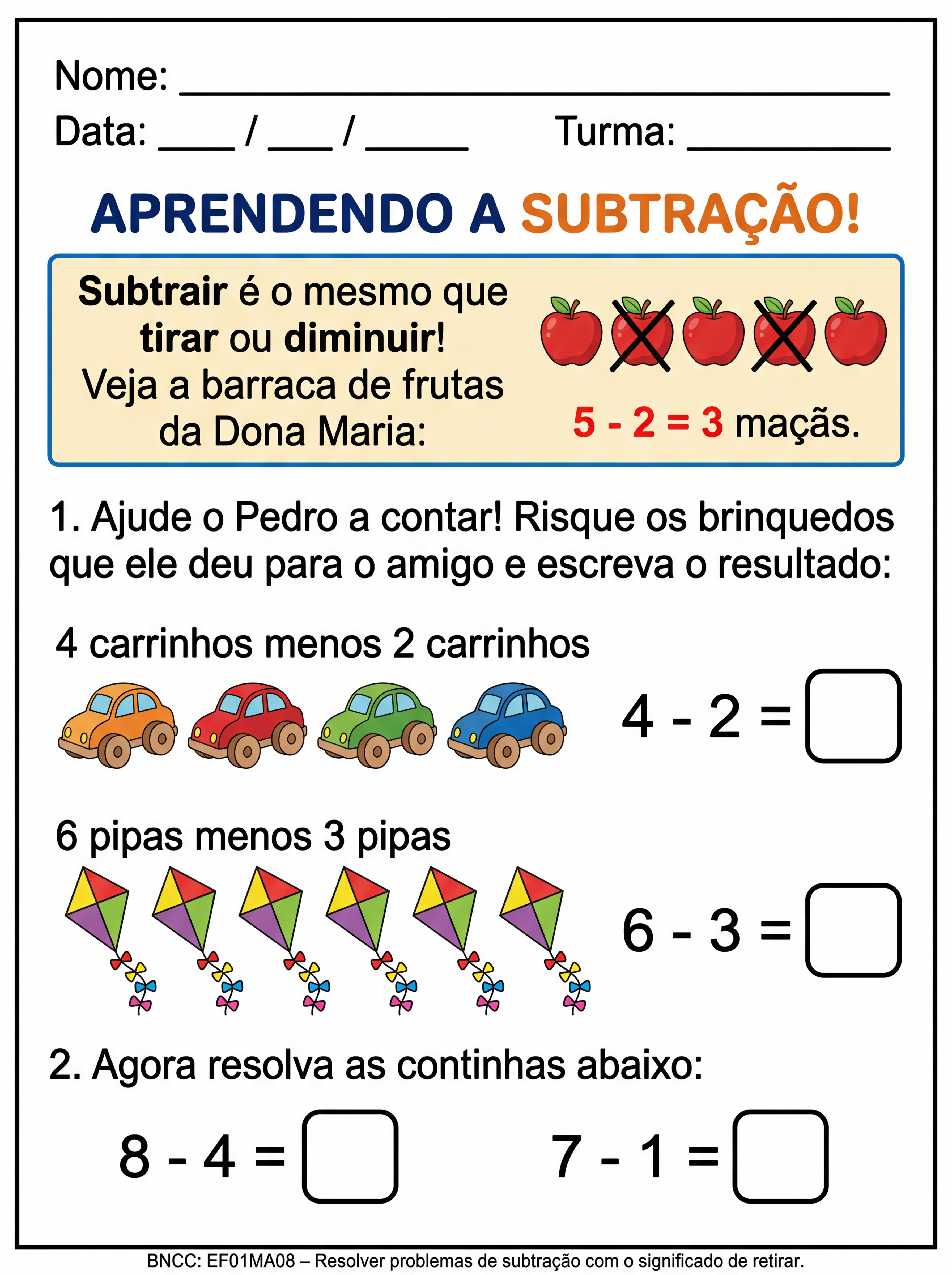 Atividade: atividade de matematica explicando a subtração