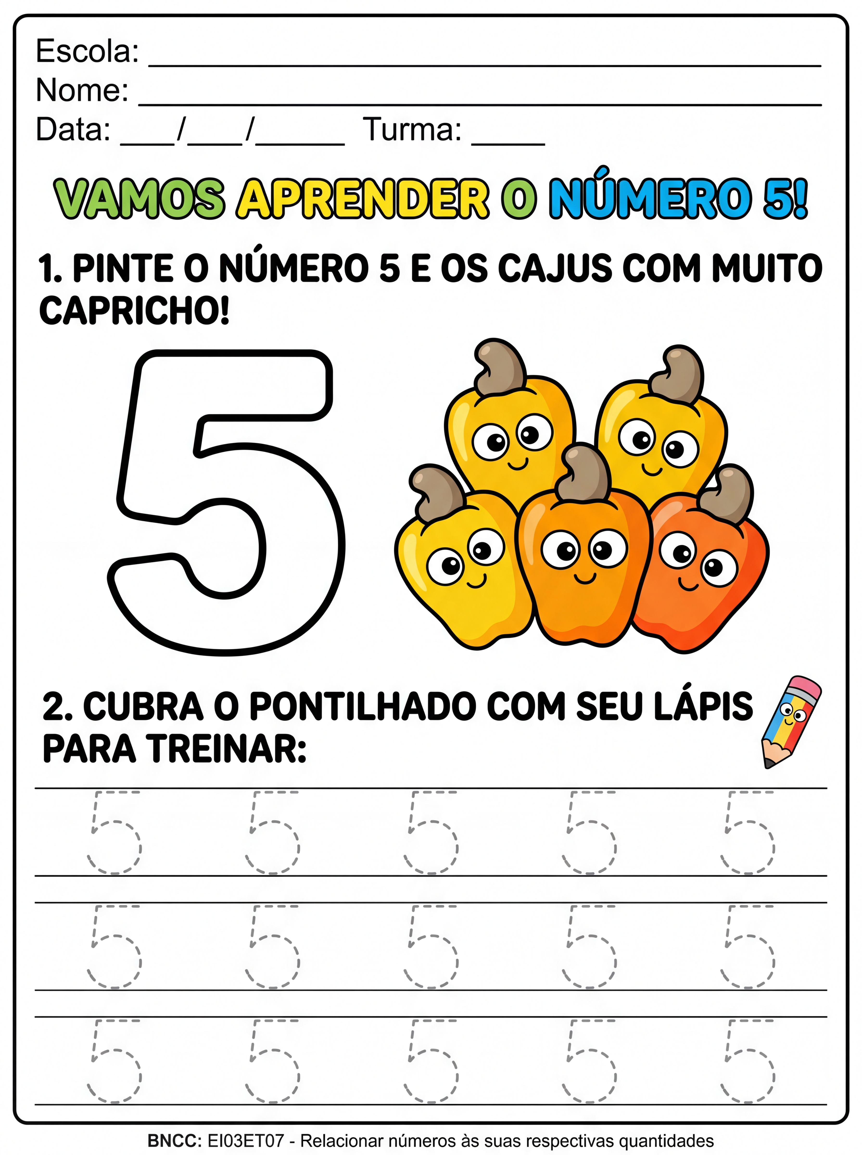 Atividade: atividade para colorir do numeral 5, apra educação infantil, cobrir pontilhado