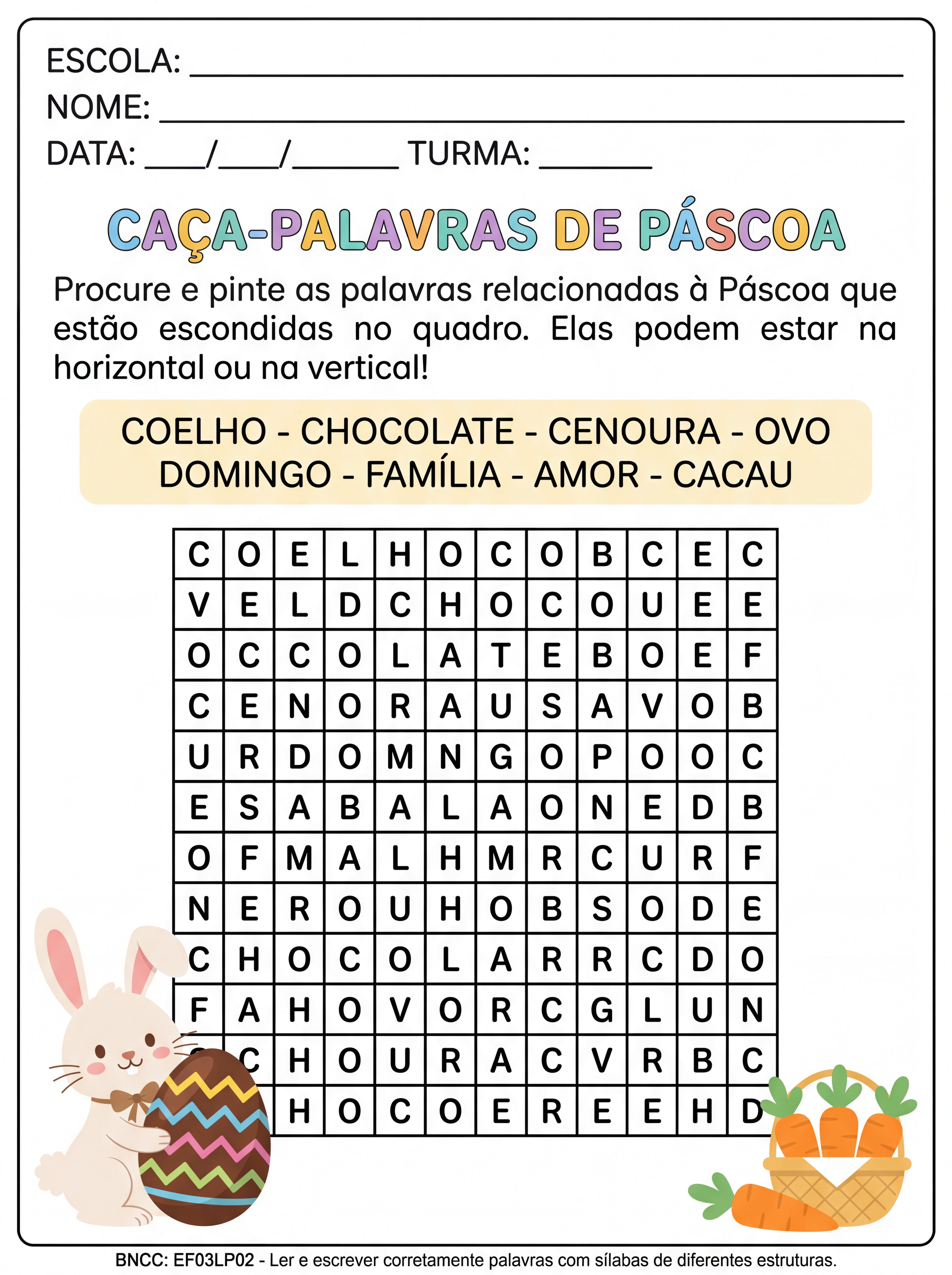 Atividade: caça palavras da pascoa 3º ano