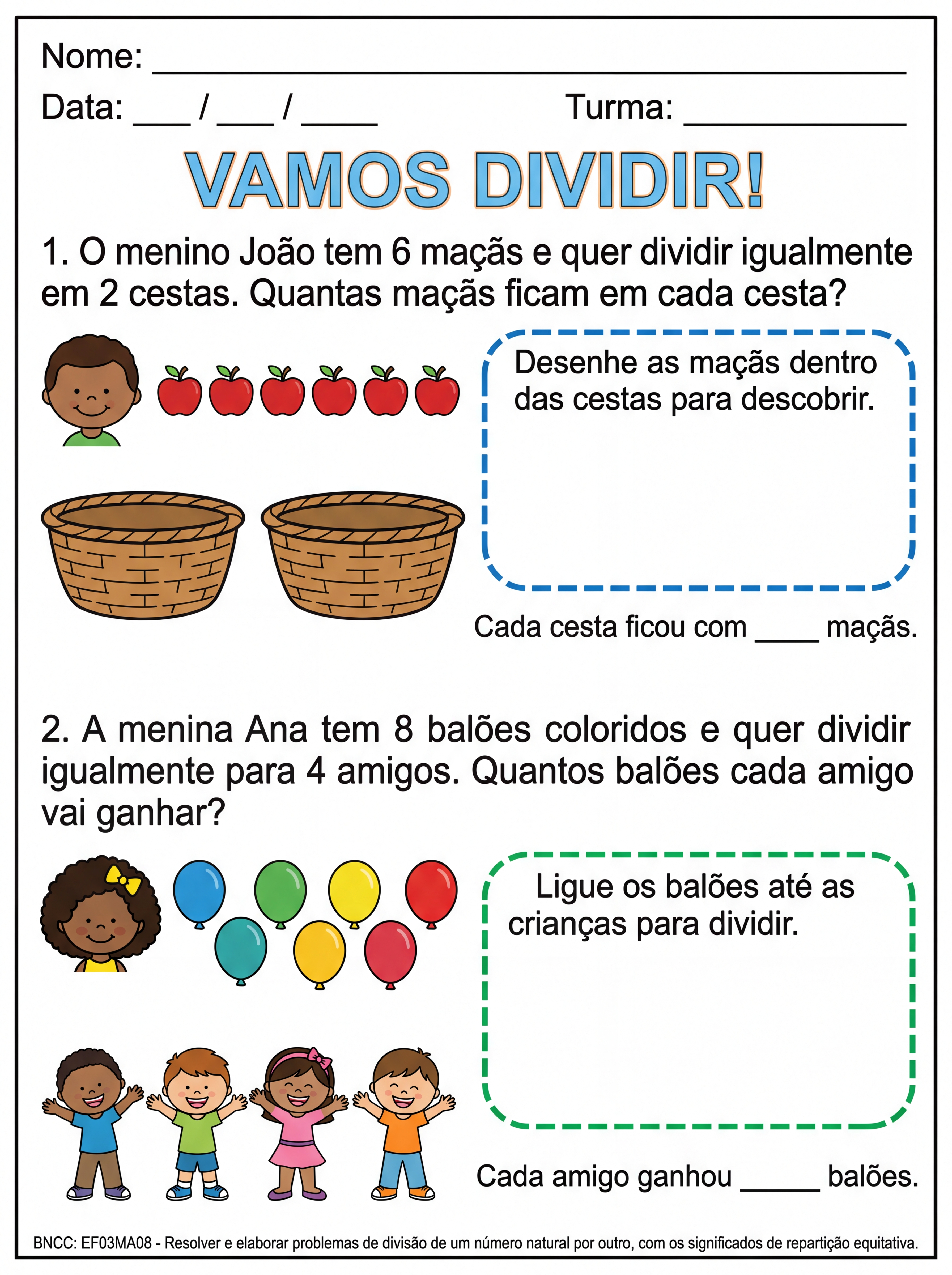 Atividade: Atividade de divisão para alunos com tea. Espaços amplos para respostas