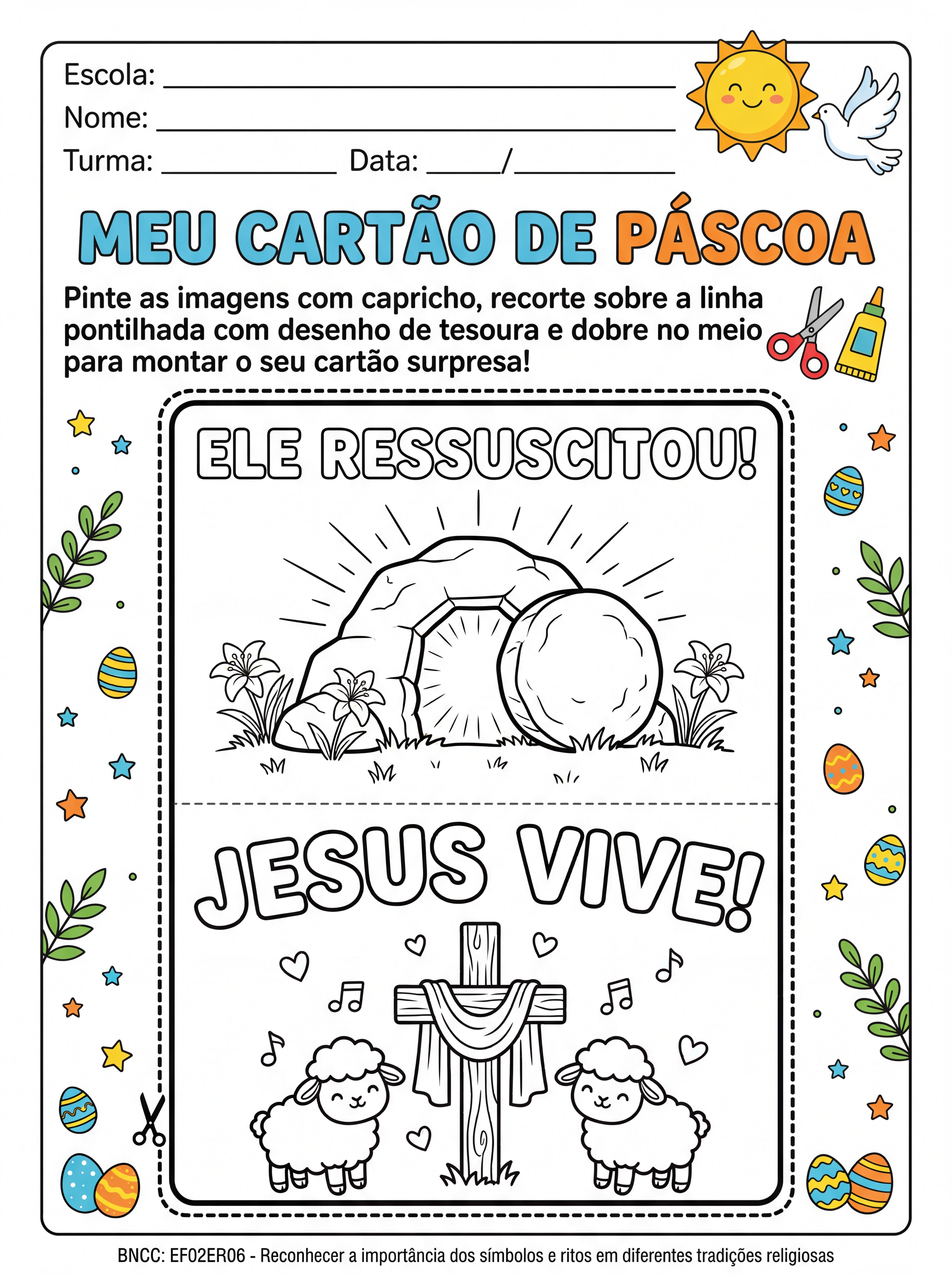 Atividade: cartão infantil, páscoa, estilo lapbook para colorir. Jesus vive!