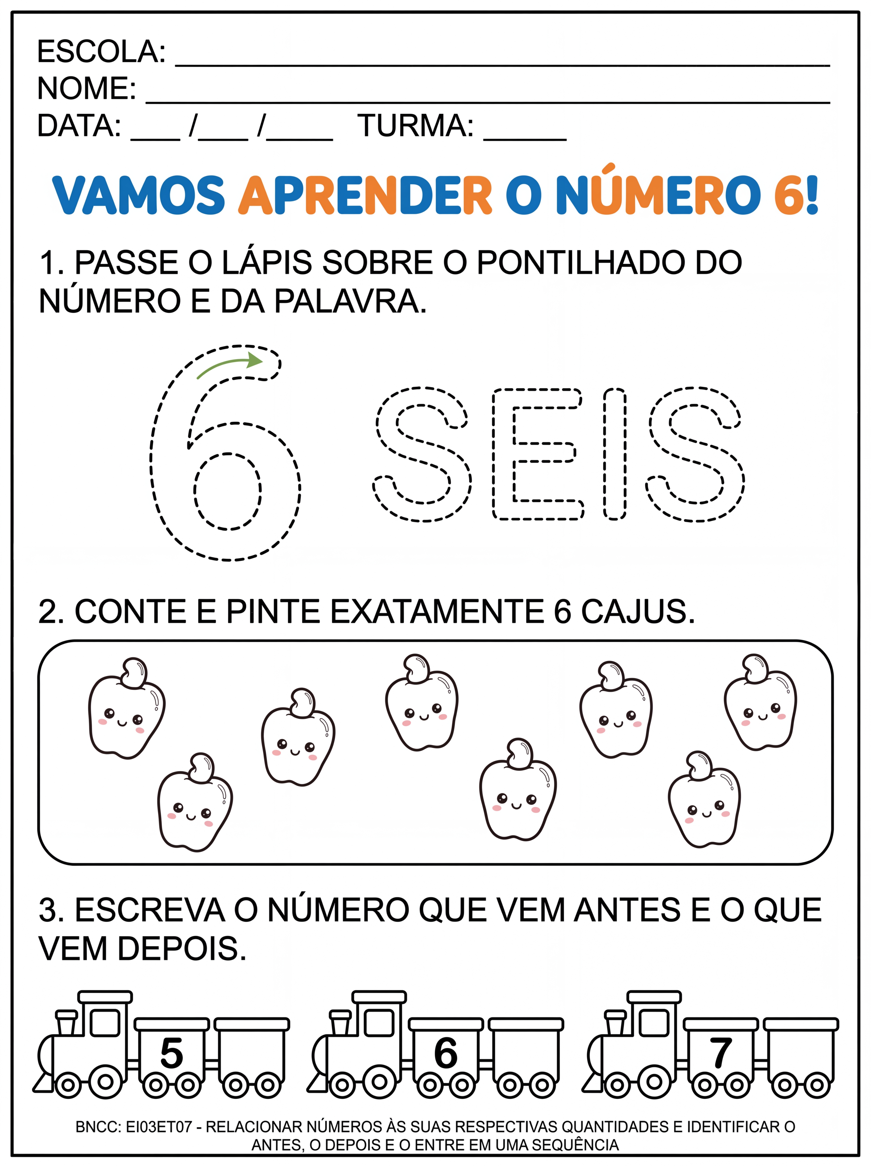 Atividade: atividades em caixa alta numeral 6 com traçado do numero e da escrita por extenso números antecessores e sucessores quantidades simples