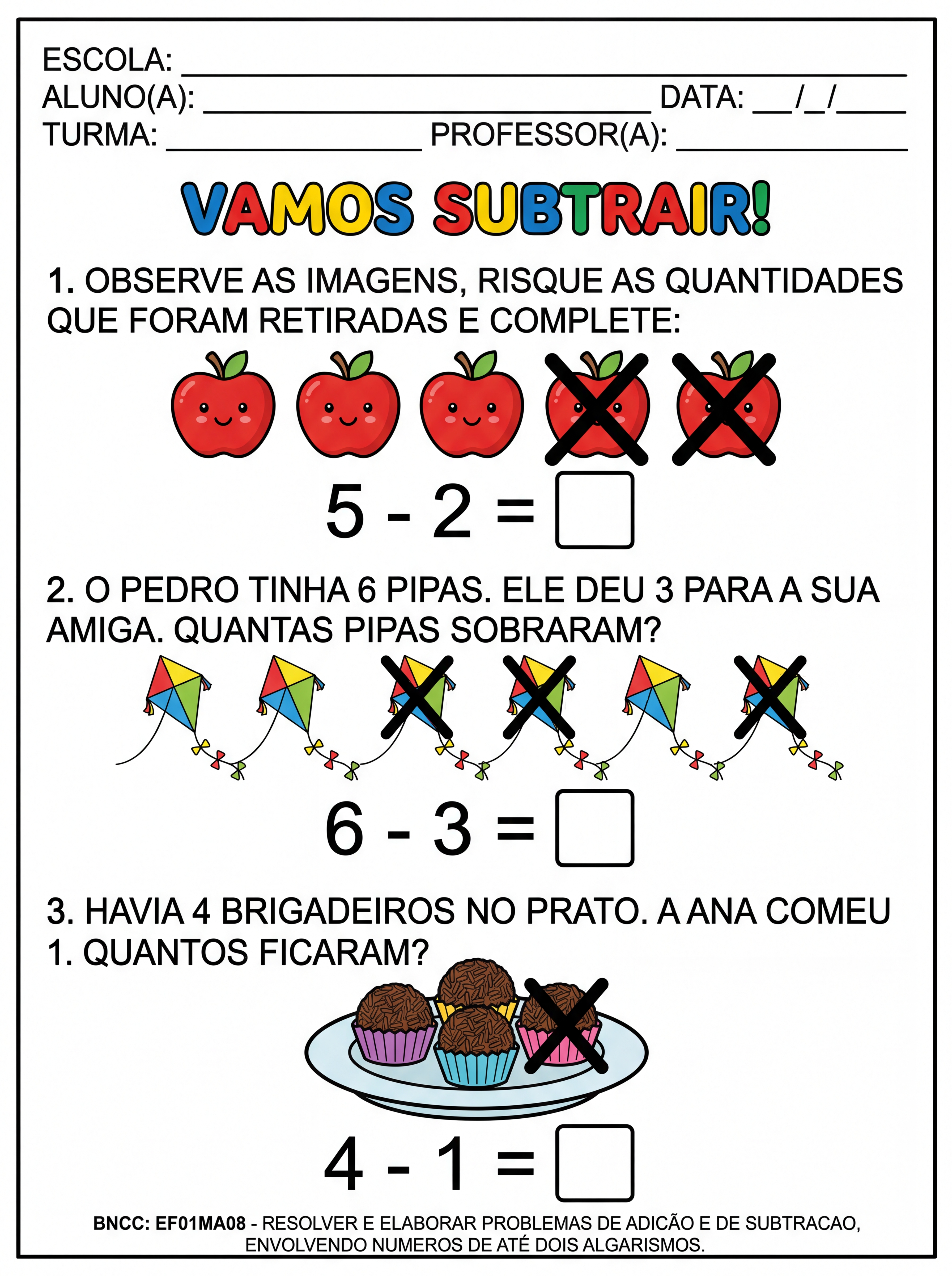 Atividade de subtração para o 1º ano Vamos subtrair