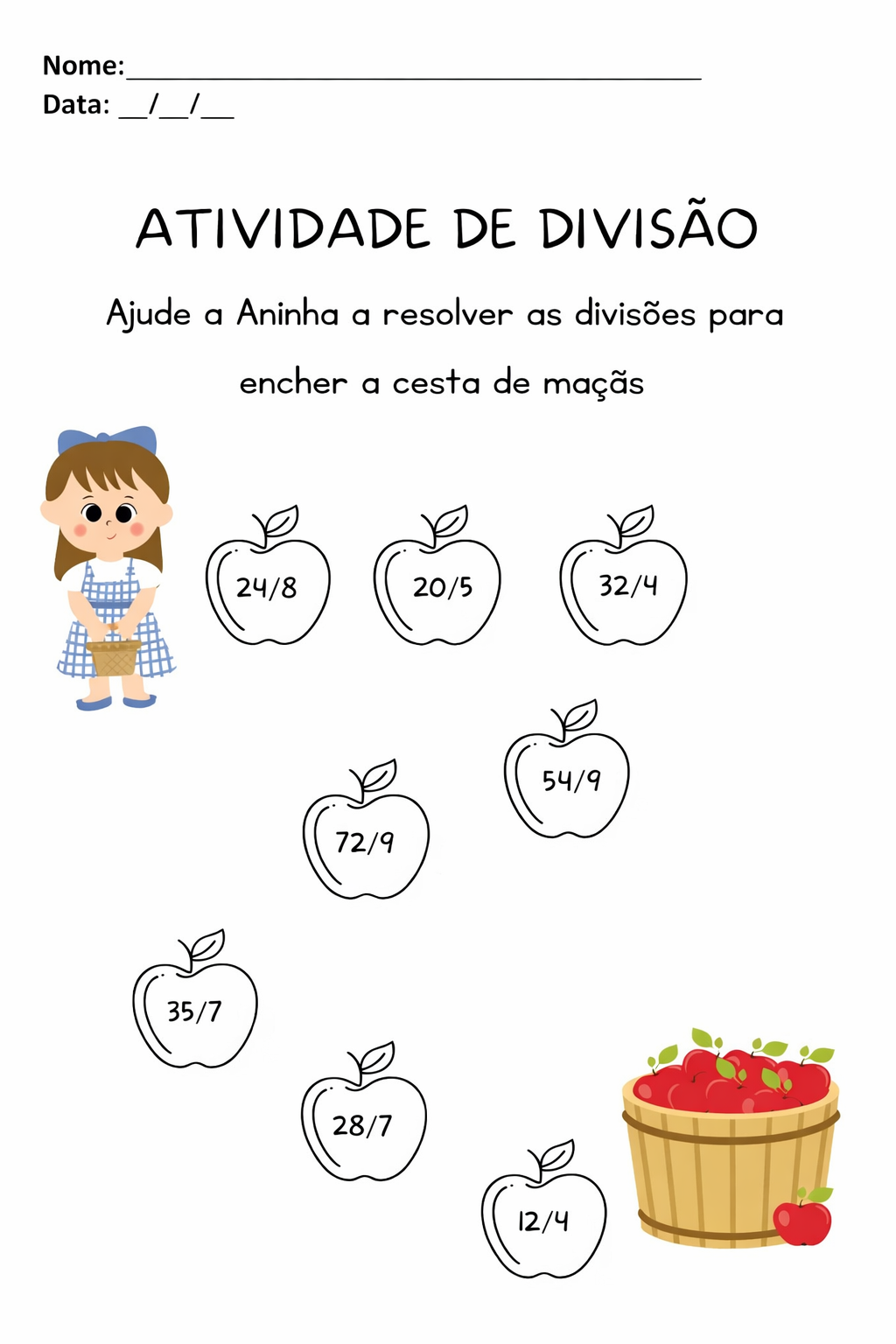 Atividade de divisão para encher a cesta de maçãs