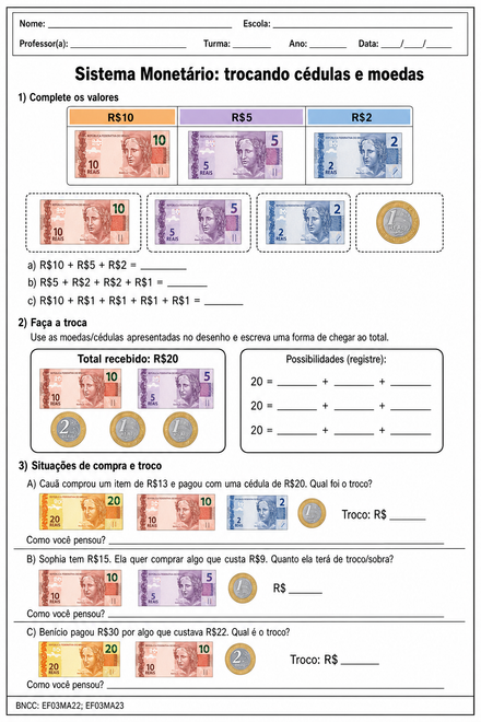 Sistema Monetário: trocando cédulas e moedas