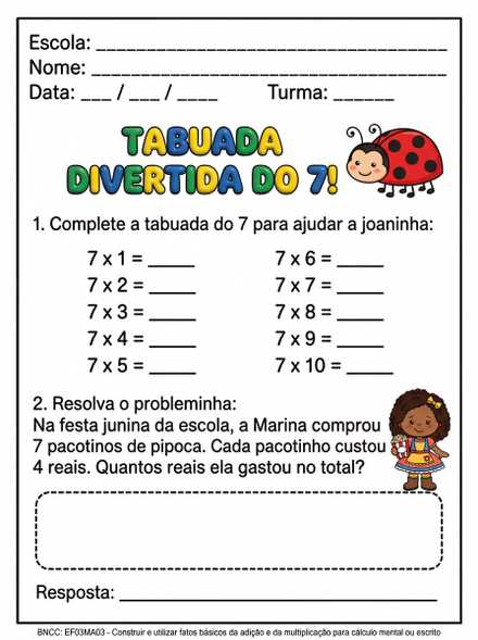 Tabuada divertida do 7 com probleminha