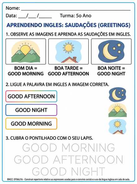 Atividade de Inglês Saudações Good Morning Good A…