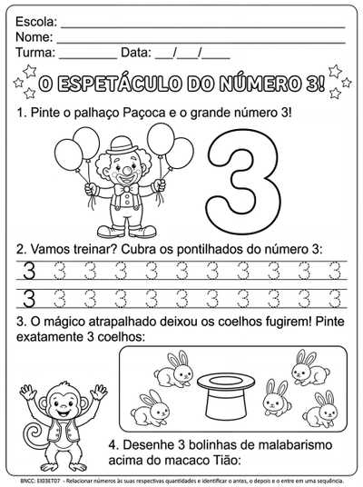 atividade com o numero 3 no tema circo em preto e branco