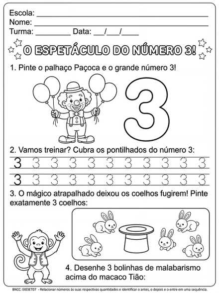 Atividade do número 3 no circo para colorir
