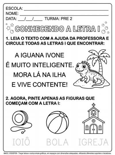 criar uma atividade com a letra i onde tem um texto e a criança tem que circular todas a letra i para educação infantil pré 2 atividade em preto e branco