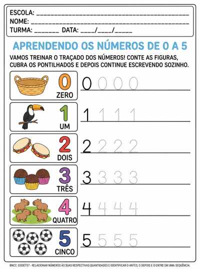 atividade de traçado dos numerais de 0 a 5 para teino da escrita com letra caixa alta