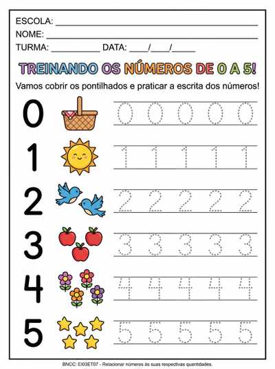 atividade de traçado dos numerais de 0 a 5 para teino da escrita