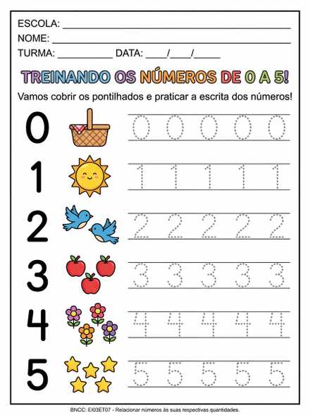 Folha de treino dos números de 0 a 5