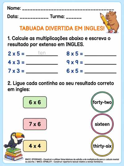 Atividades tabuada em ingles,atividades para por o resiltado em ingles ,resultado abaixo de cem