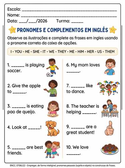 Stividade com pronomes e compromentos em igles dez questoes com figuras