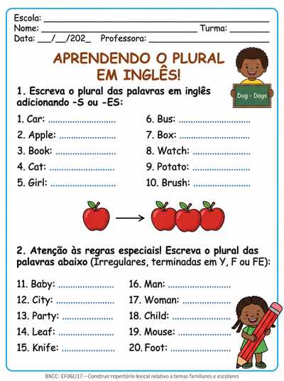 Atividades plural fos nomes em ingles,20 questoes
