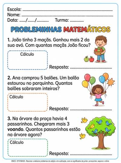 PROBLEMINHAS MATEMÁTICOS PARA ALFABETIZAÇÃO