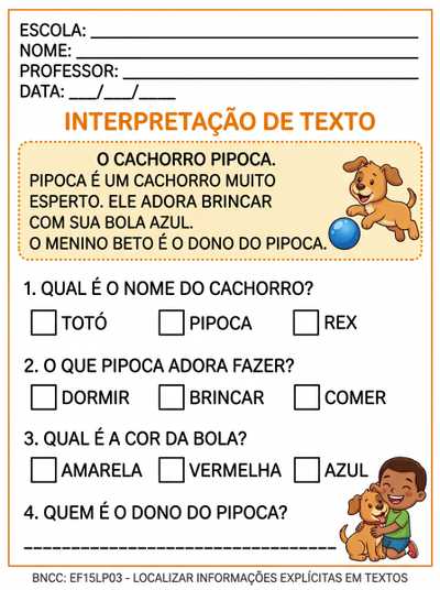 INTERPRETAÇÃO DE TEXTO PARA 1º ANO COM LETRA BASTÃO