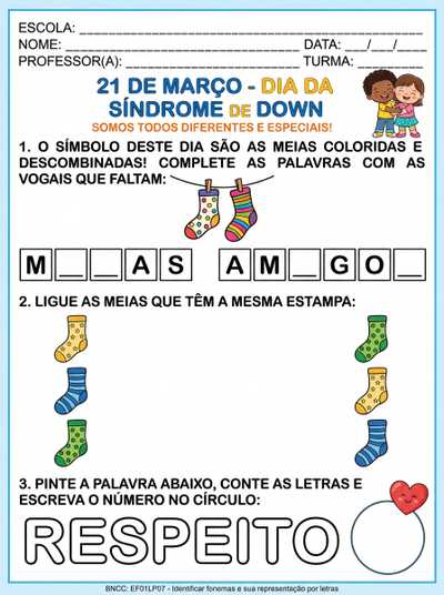 ATIVIDADES DIA DA SÍNDROME DE DOWN PARA ALFABETIZAÇÃO
