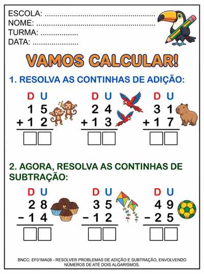 CONTINHAS EM PÉ DE ADIÇÃO E SUBTRAÇÃO PARA ALFABETIZAÇÃO COM LETRA BASTÃO