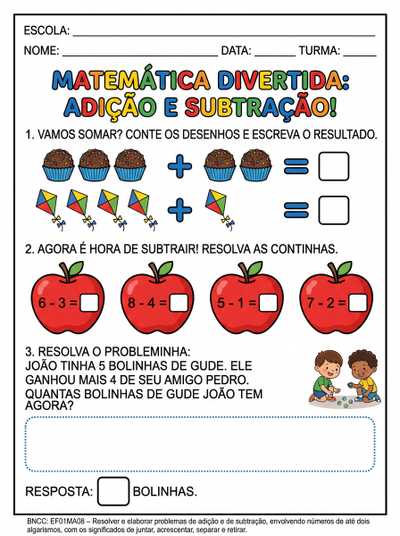 ATIVIDADES DE CONTINHAS DE ADIÇÃO E SUBTRAÇÃO PARA ALFABETIZAÇÃO