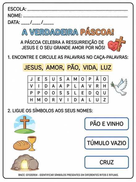 Caça-palavras e símbolos da Páscoa para 2º ano
