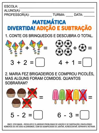 ATIVIDADES DE ADIÇÃO E SUBTRAÇÃO PARA 1º ANO COM LETRA BASTÃO