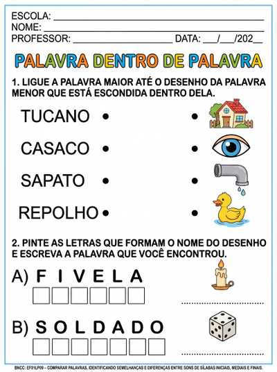 ATIVIDADES PALAVRA DENTRO DE PALAVRAS PARA 1º ANO COM LETRA BASTÃO
