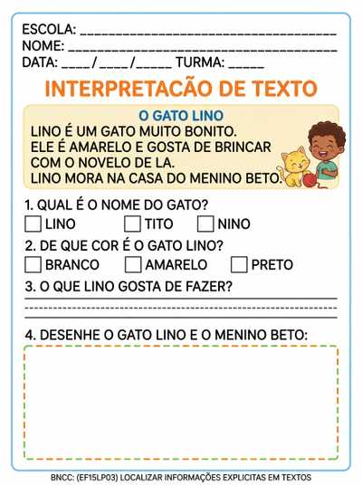 INTERPRETAÇÃO DE TEXTO PARA 1º ANO COM LETRA BASTÃO