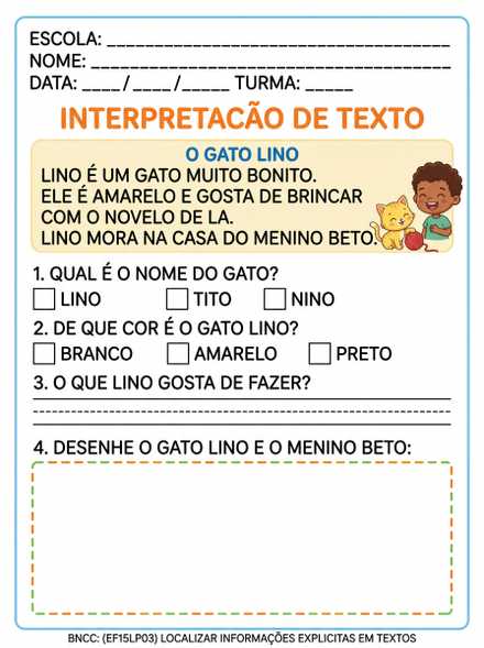 Interpretação de Texto O Gato Lino 1º Ano
