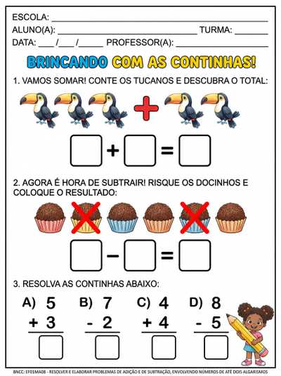 CONTINHAS DE ADIÇÃO E SUBTRAÇÃO PARA 1º ANO COM LETRA BASTÃO