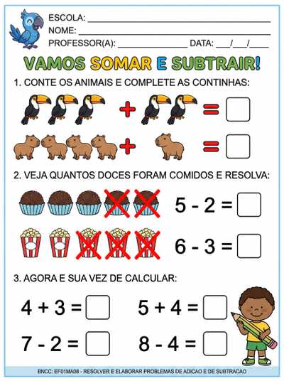 CONTINHAS DE ADIÇÃO E SUBTRAÇÃO PARA ALFABETIZAÇÃO COM LETRA BASTÃO