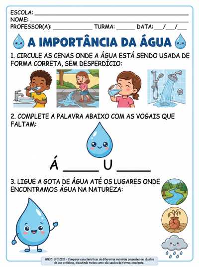 ATIVIDADES SOBRE A ÁGUA PARA PRIMEIRO ANO