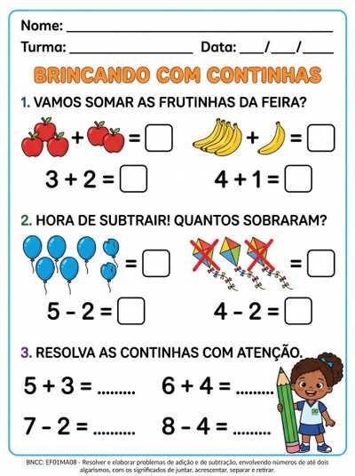 ATIVIDADES DE CONTINHAS DE ADIÇÃO E SUBTRAÇÃO PARA PRIMEIRO ANO