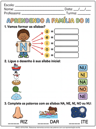 Quero uma atividade divertida com as famílias silábicas da letra n