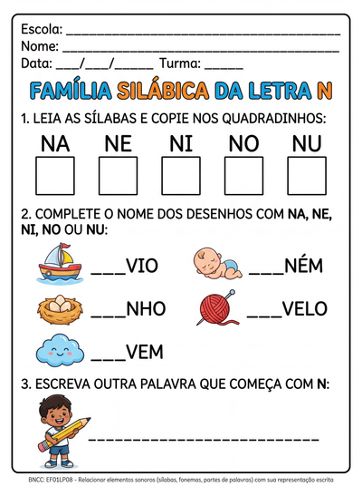 Quero uma atividade divertida com as famílias silábicas da letra n