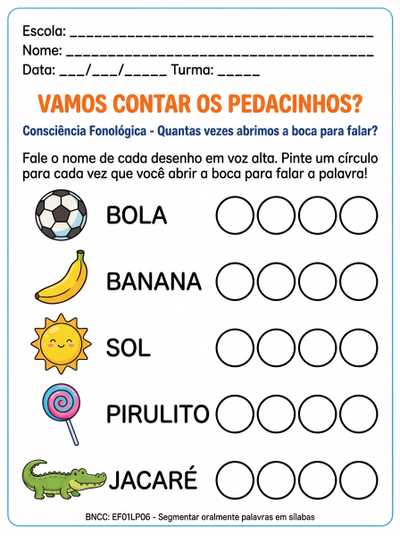 Atividade de consciência fonológica  quantas vezes abre a boca para falar