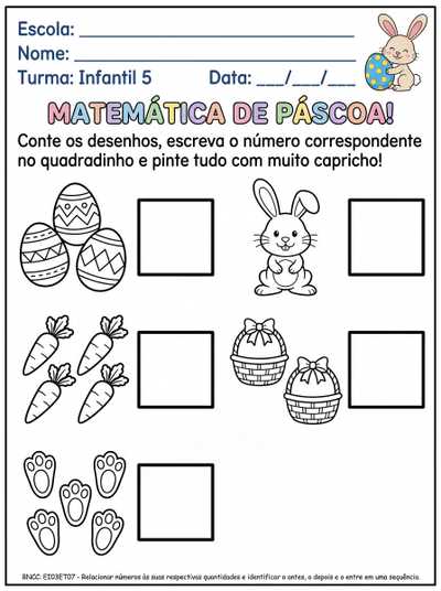 atividade de matemática para infantil 5, de registro de quantidade com numerais até cinco, com tema páscoa, para colorir