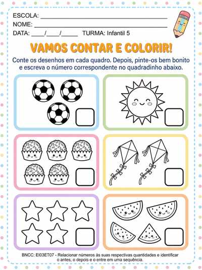 atividade de matemática sobre registro de quantidade do número 1 ao 6 para o infantil 5, fazer com os desenhos para colorir