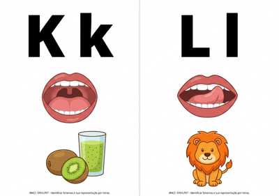 Faça o alfabeto fônico com a boquinha que representa o som.
Letra em bastão maiúsculo e minúsculo.
2 letra por folha separada em 2 colunas , que caiba em toda a folha para impressão  
Tire o cabeçalho, as letras pontilhados, o título.
Faça apenas as letras Kk, Ll com o desenho, na folha em formato paisagem 
Pinte as vogais em vermelho e as consoantes em preto 
Faça a letra maior do que o desenho