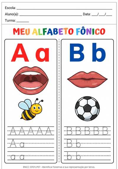 Faça o alfabeto fônico com a boquinha que representa o som.
Letra em bastão maiúsculo e minúsculo.
2 letra por folha separada em 2 colunas , que caiba em toda a folha para impressão