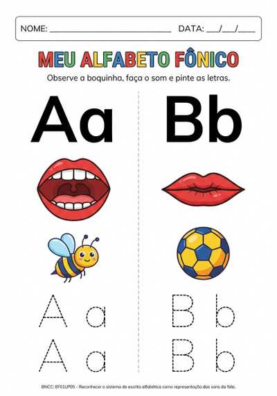 Faça o alfabeto fônico com a boquinha que representa o som.
Letra em bastão maiúsculo e minúsculo.
2 letra por folha separada em 2 colunas , que caiba em toda a folha para impressão
