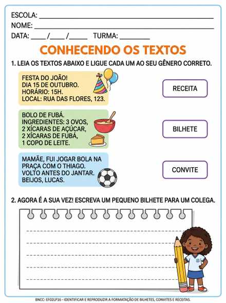 Conhecendo os textos bilhete convite e receita