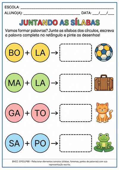 atividade de junção de sílabas para alunos em alfabetização