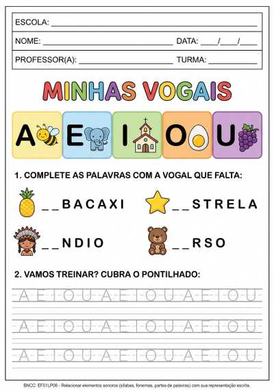 Atividade de alfabetização com as vogais