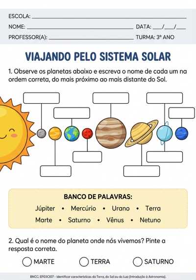 ATIVIDADE SPBRE SISTEMA SOLAR PARA NOMEAR 3ºANO
