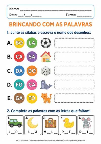 Gerar atividade de 10 palavras
de formação de palavras simples,letras ,sílabas, palavras