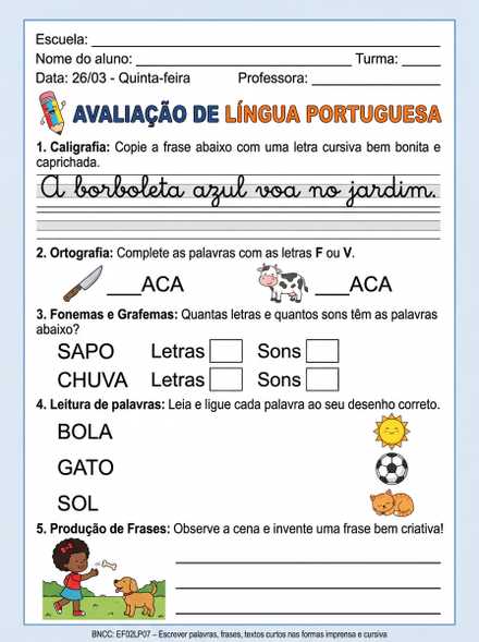 Avaliação de Língua Portuguesa 5 questões