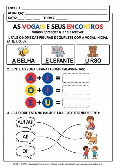 Atividade de alfabetização com as vogais e encontro vocálicos  e leitura
